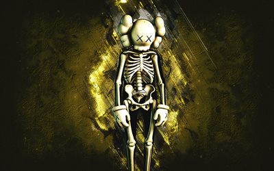 fortnite kaws skeleton skin, fortnite, personagens principais, pedra amarela de fundo, kaws skeleton, fortnite skins, kaws skeleton skin, kaws skeleton fortnite, fortnite personagens