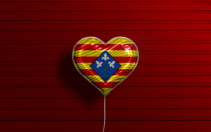 I Love Lleida, 4k, realistic balloons, red wooden background, Day of Lleida, spanish provinces, flag of Lleida, Spain, balloon with flag, Provinces of Spain, Lleida flag, Lleida
