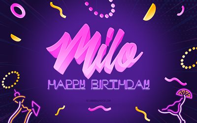 お誕生日おめでとうミロ, 4k, 紫のパーティーの背景, ミロ, クリエイティブアート, ミロの誕生日おめでとう, ミロ名, ミロの誕生日, 誕生日パーティーの背景