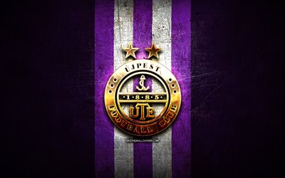 ujpest fc, logo dorato, otp bank liga, sfondo metallico viola, calcio, club di calcio ungherese, logo ujpest fc, ungheria