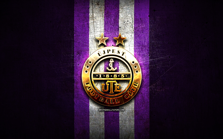 ujpest fc, kultainen logo, otp bank liga, violetti metalli tausta, jalkapallo, unkarilainen jalkapalloseura, ujpest fc logo, unkari