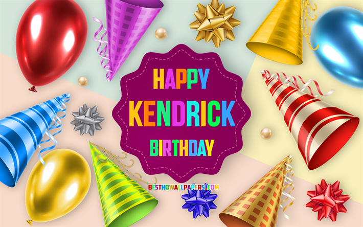お誕生日おめでとうケンドリック, 4k, 誕生日バルーンの背景, ケンドリック, クリエイティブアート, ケンドリックの誕生日おめでとう, 絹の弓, ケンドリックの誕生日, 誕生日パーティーの背景