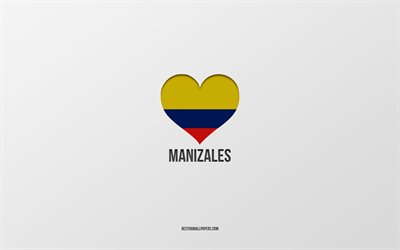 j aime manizales, villes colombiennes, jour de manizales, fond gris, manizales, colombie, coeur de drapeau colombien, villes pr&#233;f&#233;r&#233;es, love manizales