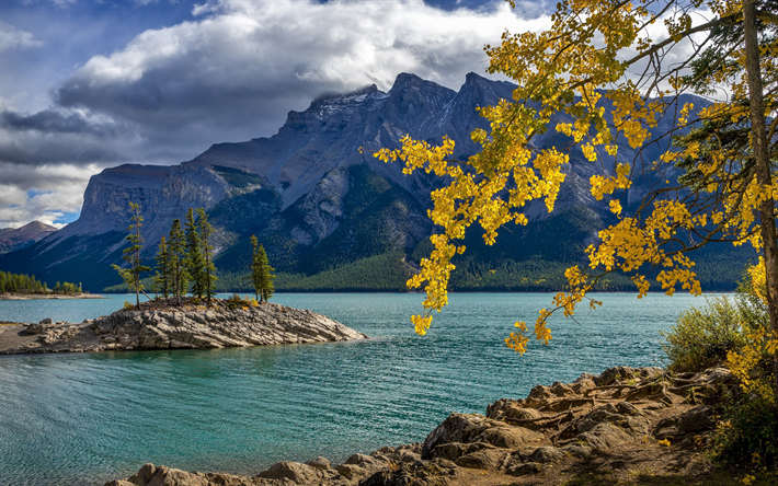 lago di montagna, alberta, paesaggio di montagna, autunno, montagne, bellissimo lago, canada