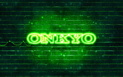 Onkyo green logo, 4k, green brickwall, Onkyo logo, brands, Onkyo neon logo, Onkyo