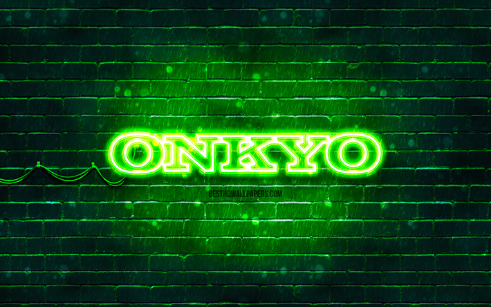 شعار onkyo الأخضر, 4k, لبنة خضراء, شعار onkyo, العلامات التجارية, شعار onkyo النيون, اونكيو