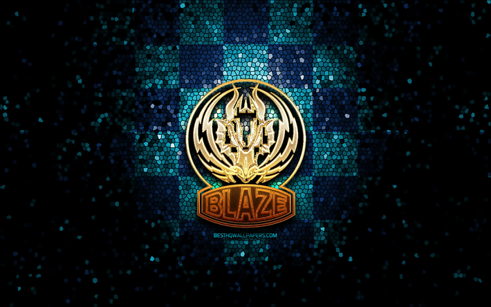 Coventry Blaze, glitter logo, Elite League, blue checkered background, hockey, english hockey team, Coventry Blaze logo, mosaic art