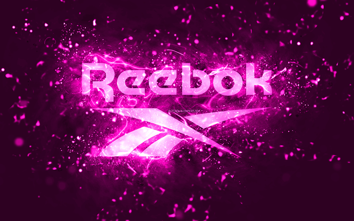 reebok lila logotyp, 4k, lila neonljus, kreativ, lila abstrakt bakgrund, reebok logotyp, varum&#228;rken, reebok