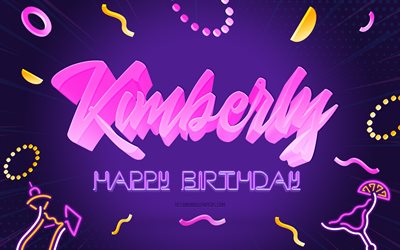 お誕生日おめでとうキンバリー, 4k, 紫のパーティーの背景, キンバリー, クリエイティブアート, キンバリーの誕生日おめでとう, キンバリーの名前, キンバリーの誕生日, 誕生日パーティーの背景