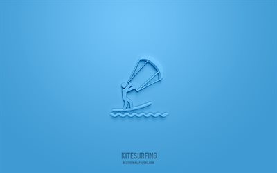 Kitesurfing 3d icon, blue background, 3d symbols, Kitesurfing, sport icons, 3d icons, Kitesurfing sign, sport 3d icons