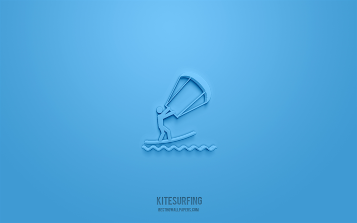 カイトサーフィンの3dアイコン, 青い背景, 3dシンボル, カイトサーフィン, スポーツアイコン, 3dアイコン, カイトサーフィンのサイン, スポーツ3dアイコン