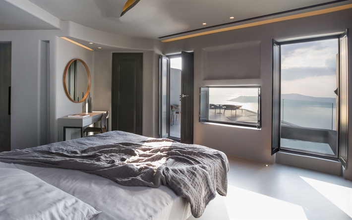 design elegante dell appartamento, camera da letto, colore grigio nella camera da letto, design moderno della camera da letto, idea della camera da letto
