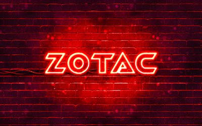 zotac punainen logo, 4k, punainen tiilisein&#228;, zotac logo, tuotemerkit, zotac neon logo, zotac