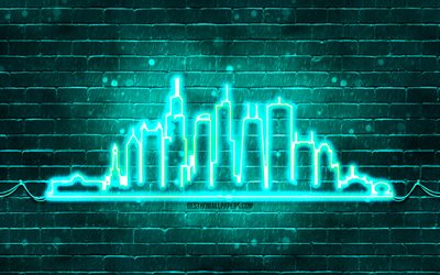 Chicago turquoise neon silhouette, 4k, turquoise neon lights, Chicago skyline silhouette, turquoise brickwall, american cities, neon skyline silhouettes, USA, Chicago silhouette, Chicago