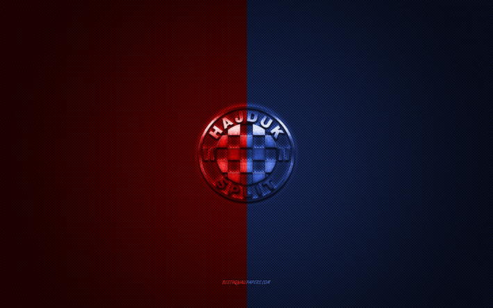hnkハイドゥクスプリット, クロアチアのサッカークラブ, 青赤のロゴ, 青赤炭素繊維の背景, prva hnl, フットボール, クロアチア初のサッカーリーグ, スプリット, クロアチア, hnkハイドゥクスプリットのロゴ