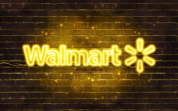 Walmart yellow logo, 4k, yellow brickwall, Walmart logo, brands, Walmart neon logo, Walmart
