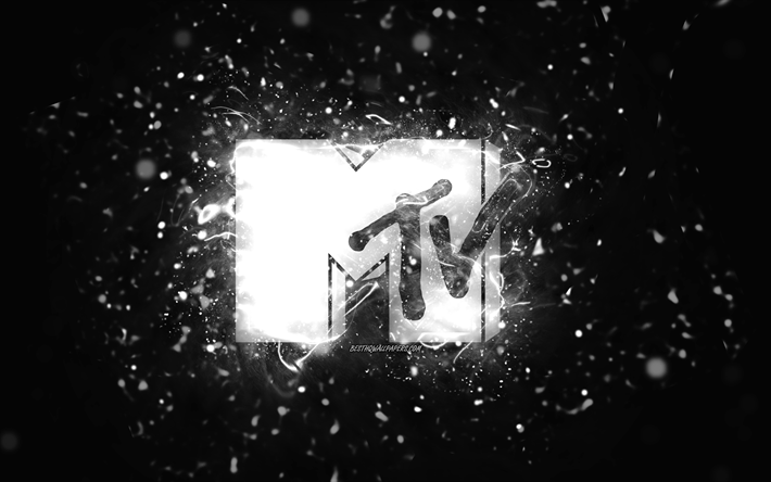 mtv vit logotyp, 4k, vita neonljus, kreativ, svart abstrakt bakgrund, music television, mtv logotyp, varum&#228;rken, mtv