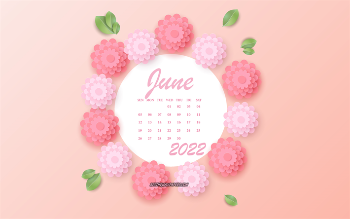 تقويم يونيو 2022, 4k, الزهور الوردية, يونيه, تقويمات صيف 2022, 3d ورقة الزهور الوردية