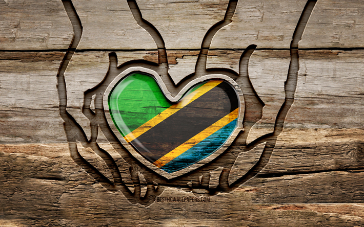 タンザニアが大好き, 4k, 木彫りの手, タンザニアの日, タンザニアの旗, タンザニアの世話をする, クリエイティブ, 手にタンザニアの旗, 木彫り, アフリカ諸国, タンザニア