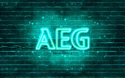 AEG turquoise logo, 4k, turquoise brickwall, AEG logo, brands, AEG neon logo, AEG