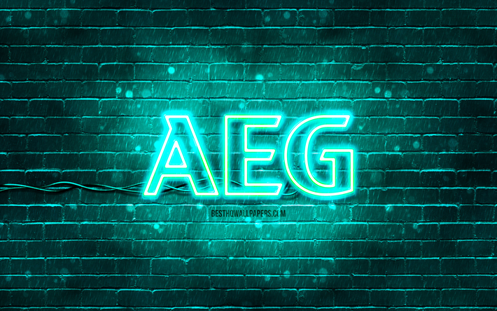 logotipo turquesa de aeg, 4k, pared de ladrillo turquesa, logotipo de aeg, marcas, logotipo de ne&#243;n de aeg, aeg
