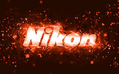 ニコンオレンジロゴ, 4k, オレンジ色のネオンライト, クリエイティブ, オレンジ色の抽象的な背景, ニコンのロゴ, ブランド, ニコン
