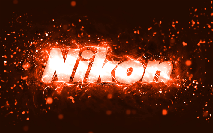 nikon orange logotyp, 4k, orange neonljus, kreativ, orange abstrakt bakgrund, nikon logotyp, varum&#228;rken, nikon