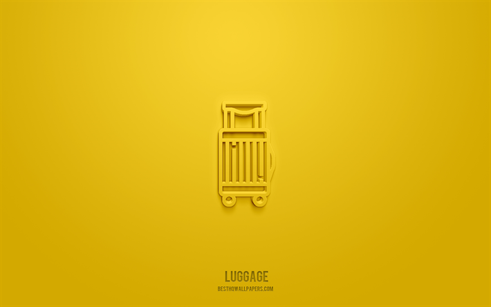 bagage 3d-ikon, gul bakgrund, 3d-symboler, bagage, hotellikoner, 3d-ikoner, bagageskylt, hotell 3d-ikoner