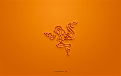 razer3dロゴ, オレンジ色の背景, 3dアート, razerエンブレム, razerのロゴ, クリエイティブな3dアート, razer, オレンジ色のrazerロゴ