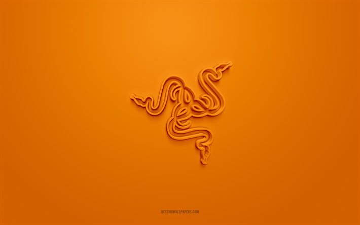Razer 3d logo, orange background, 3d art, Razer emblem, Razer logo, creative 3d art, Razer, orange Razer logo