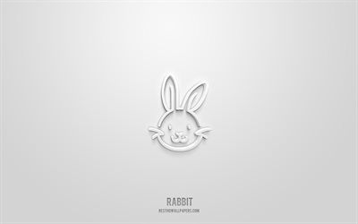 icona di coniglio 3d, sfondo bianco, simboli 3d, coniglio, icone di animali, icone 3d, segno di coniglio, icone di animali 3d