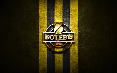Botev Plovdiv FC, golden logo, Parva liga, yellow metal background, football, bulgarian football club, Botev Plovdiv logo, soccer, PFC Botev Plovdiv