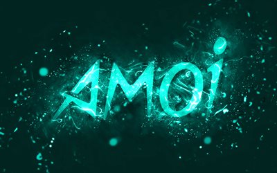 شعار amoi الفيروزي, 4k, أضواء النيون الفيروزية, خلاق, خلفية مجردة الفيروز, شعار أموي, العلامات التجارية, أموي