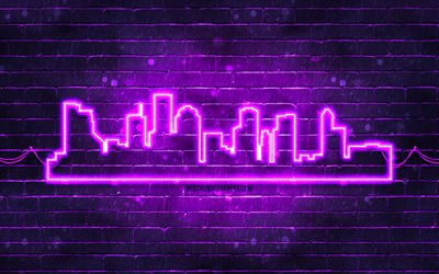 Houston violet neon silhouette, 4k, violet neon lights, Houston skyline silhouette, violet brickwall, american cities, neon skyline silhouettes, USA, Houston silhouette, Houston