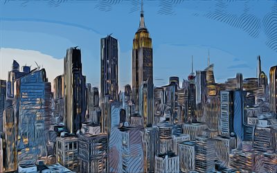Manhattan, New York, Empire State Building, 4k, vector art, Manhattan drawing, creative art, Manhattan art, vector drawing, abstract cityscape, New York drawing, USA