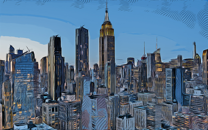 manhattan, new york, empire state building, 4k, vector art, manhattan piirustus, luova taide, manhattan art, vektoripiirustus, abstrakti kaupunkikuva, new yorkin piirustus, usa