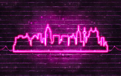 San Antonio purple neon silhouette, 4k, purple neon lights, San Antonio skyline silhouette, purple brickwall, american cities, neon skyline silhouettes, USA, San Antonio silhouette, San Antonio