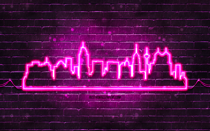 サンアントニオパープルネオンシルエット, 4k, 紫色のネオンライト, サンアントニオのスカイラインのシルエット, 紫のレンガの壁, アメリカの都市, ネオンスカイラインのシルエット, 米国, サンアントニオのシルエット, サンアントニオ