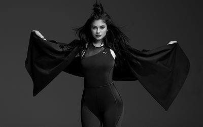 Kylie Jenner, 4k, 2018, Puma, sess&#227;o de fotos, Hollywood, beleza, a atriz norte-americana, monocrom&#225;tico