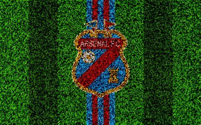 Arsenal Sarandi, 4k, football lawn, logo, Argentinian football club, grass texture, red blue lines, Superliga, Sarandi, Argentina, football, Argentine Primera Division, Superleague