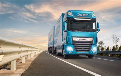 DAF XF, 2017, 4k, LKW, cami&#243;n nuevo, carretera, tren, cami&#243;n con remolque, transporte de carga, entrega, azul nuevo XF de DAF