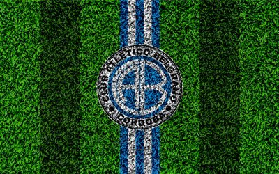 Club Atletico Belgrano, 4k, calcio prato, logo, Argentino del club di calcio, erba, texture, blu, bianco, linee, Superliga, Cordoba, Argentina, calcio, Argentina Primera Division, Superleague, Belgrano FC