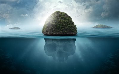 island, 4k, underwater world, skull, sea, creative