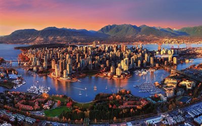 Vancouver, skyscrapers, sunset, megalopolis, British Columbia, marina, evening, Canada