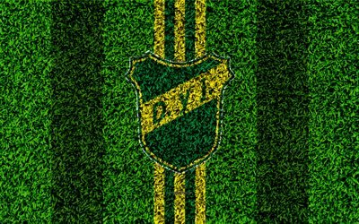 Defensa y Justicia, 4k, football lawn, logo, Argentinian football club, grass texture, green yellow lines, Superliga, Florencio Varela, Argentina, football, Argentine Primera Division, Superleague