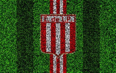 Estudiantes de La Plata, 4k, football lawn, logo, Argentinian football club, grass texture, red white lines, Superliga, La Plata, Argentina, football, Argentine Primera Division, Superleague