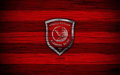 Al-Duhail FC, 4k, logo, A Qatar Stars League, futebol, clube de futebol, Catar, Al-Duhail, Doha, textura de madeira, FC Al-Duhail