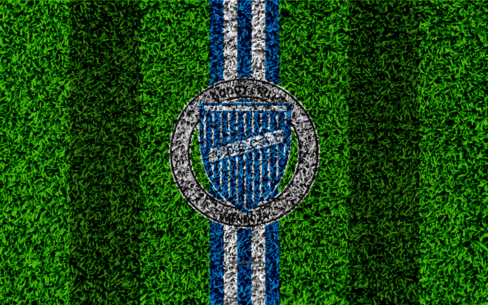 Godoy Cruz Antonio Tomba, 4k, football lawn, logo, Argentinian football club, grass texture, blue white lines, Superliga, Godoy Cruz, Argentina, football, Argentine Primera Division, Superleague