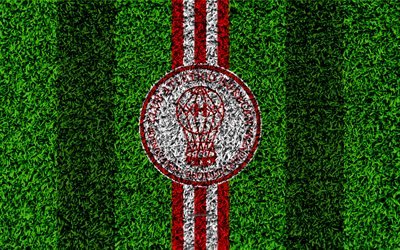 CA Huracan, 4k, football lawn, logo, Argentinian football club, grass texture, red white lines, Superliga, Buenos Aires, Argentina, football, Argentine Primera Division, Superleague, Huracan FC