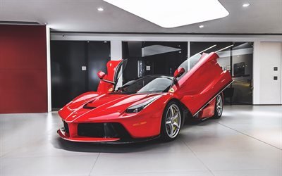 Ferrari LaFerrari, 2018, racing supercar, garage, red LaFerrari, sports coupe, lambo door, Scuderia Ferrari